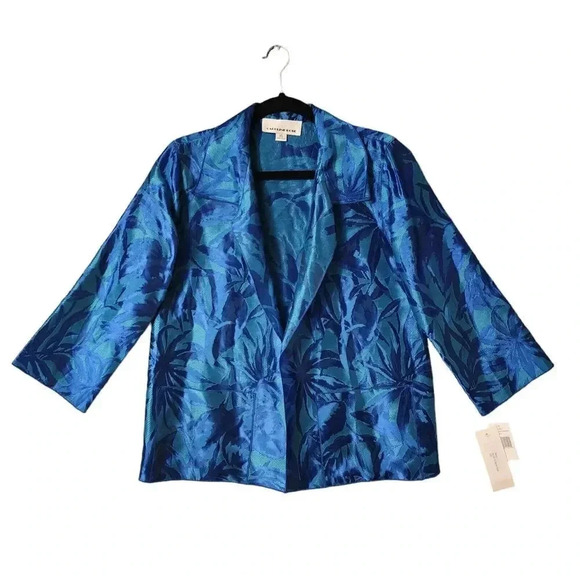 New Caroline Rose Blue Open Front Hawaiian Floral Jacquard Jacket Size XS - Picture 3 of 8